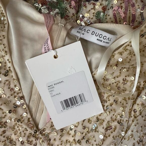 Mac Duggal Gold Multicolor Faux Wrap Long Sleeve Tea Length Dress Women’s Sz 12 - Picture 7 of 8